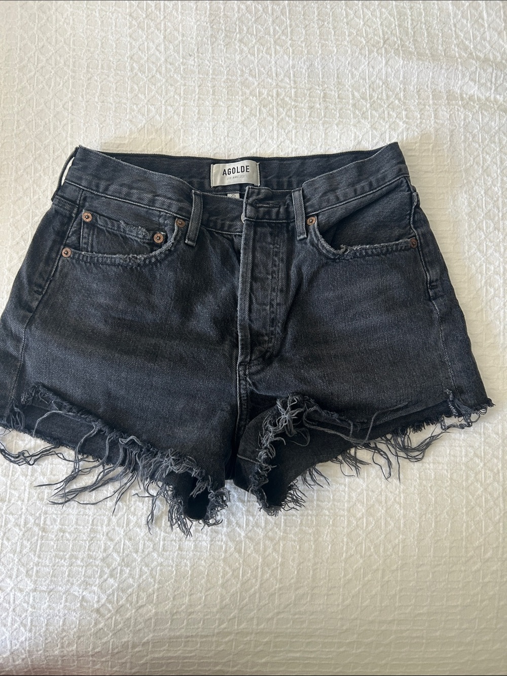 Agolde Black Frayed Hem High-Rise Denim Shorts